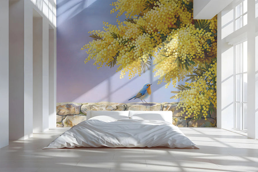 Mimosa Blossom and Garden Bird Mural Wallpaper