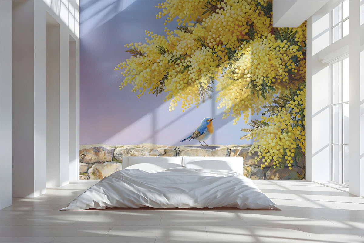 Mimosa Blossom and Garden Bird Mural Wallpaper - pure wallpaper artwork