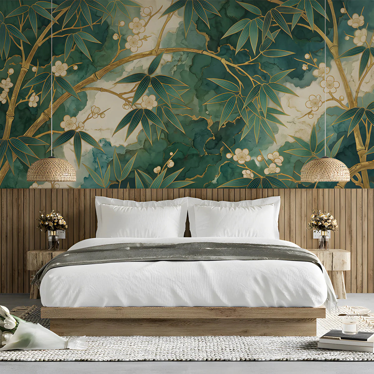 Gilded Bamboo and Cherry Blossom Mural Wallpaper - pure wallpaper artwork