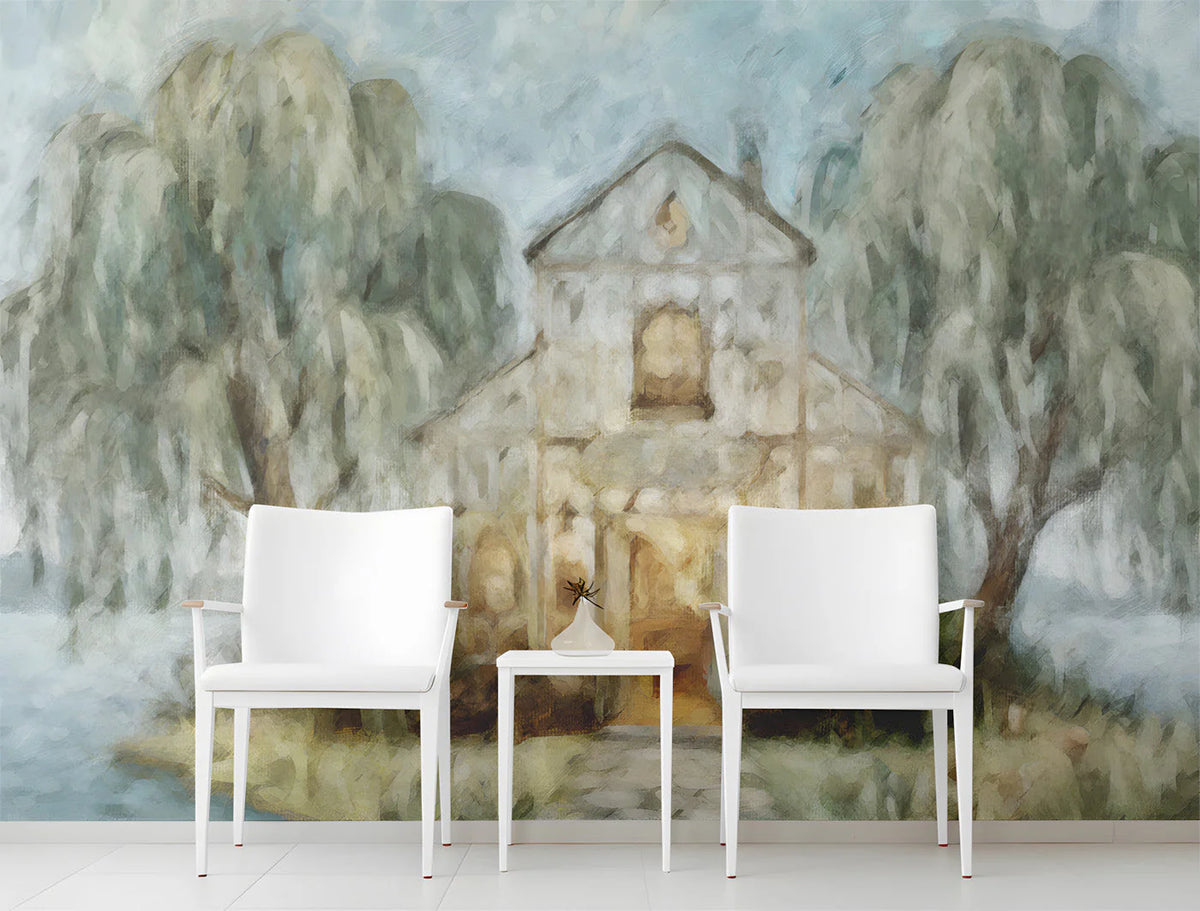 Willow Lakeside Chapel Mural Wallpaper — Impressionistic Scenery Mural Wallpaper - pure wallpaper artwork