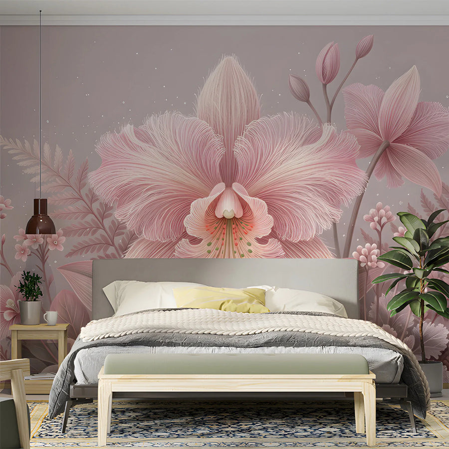 Ethereal Blush Orchid Botanical Mural Wallpaper