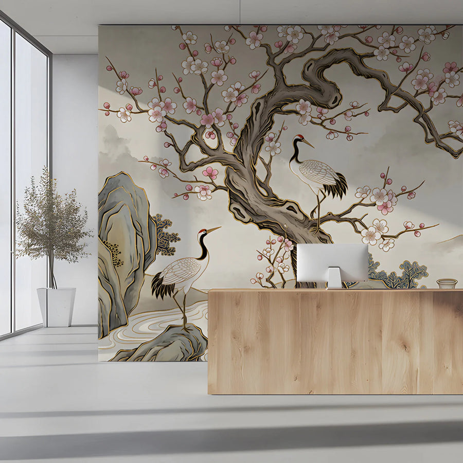 Chinoiserie Crane and Blossom Mural Wallpaper — Artistic Heritage Mural Wallpaper