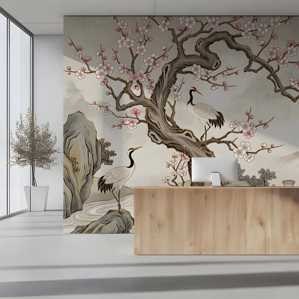 Chinoiserie Crane and Blossom Mural Wallpaper — Artistic Heritage Mural Wallpaper - pure wallpaper artwork
