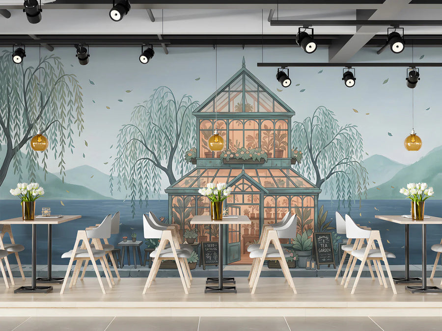 Riverside Greenhouse Mural Wallpaper — Whimsical Garden Scene Mural Wallpaper