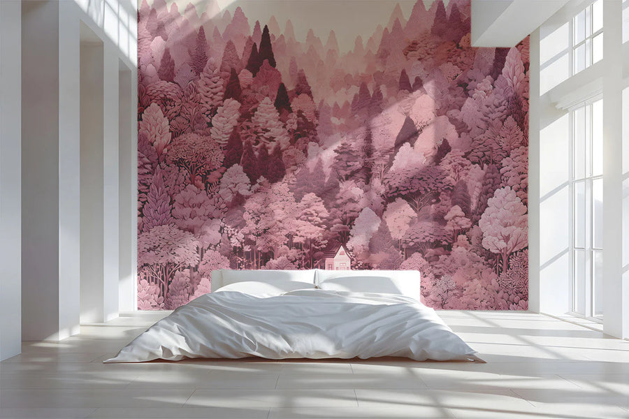 Blush Pink Forest Landscape Mural Wallpaper