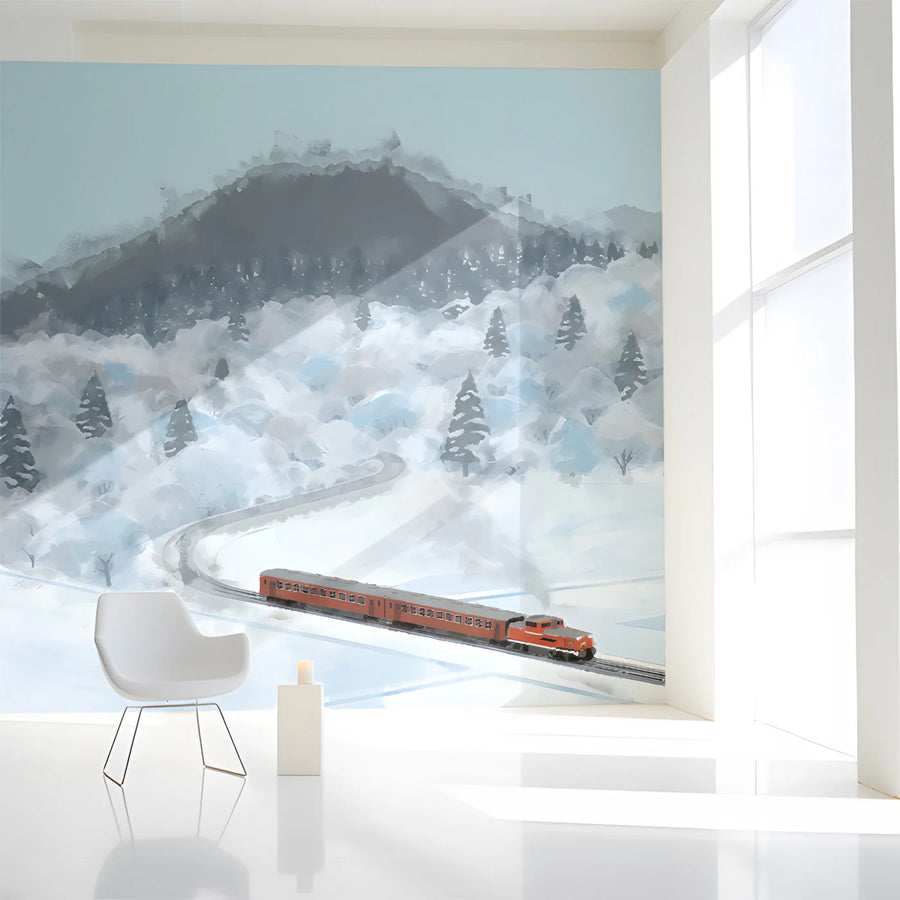 Winter Express Mountain Mural Wallpaper — Snowy Landscape Design Mural Wallpaper