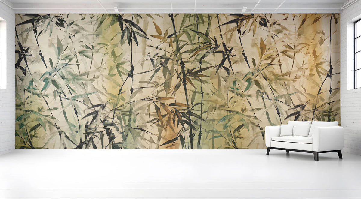 Zen Bamboo Ink Wash Mural Wallpaper — Earthy Botanical Design Mural Wallpaper - pure wallpaper artwork