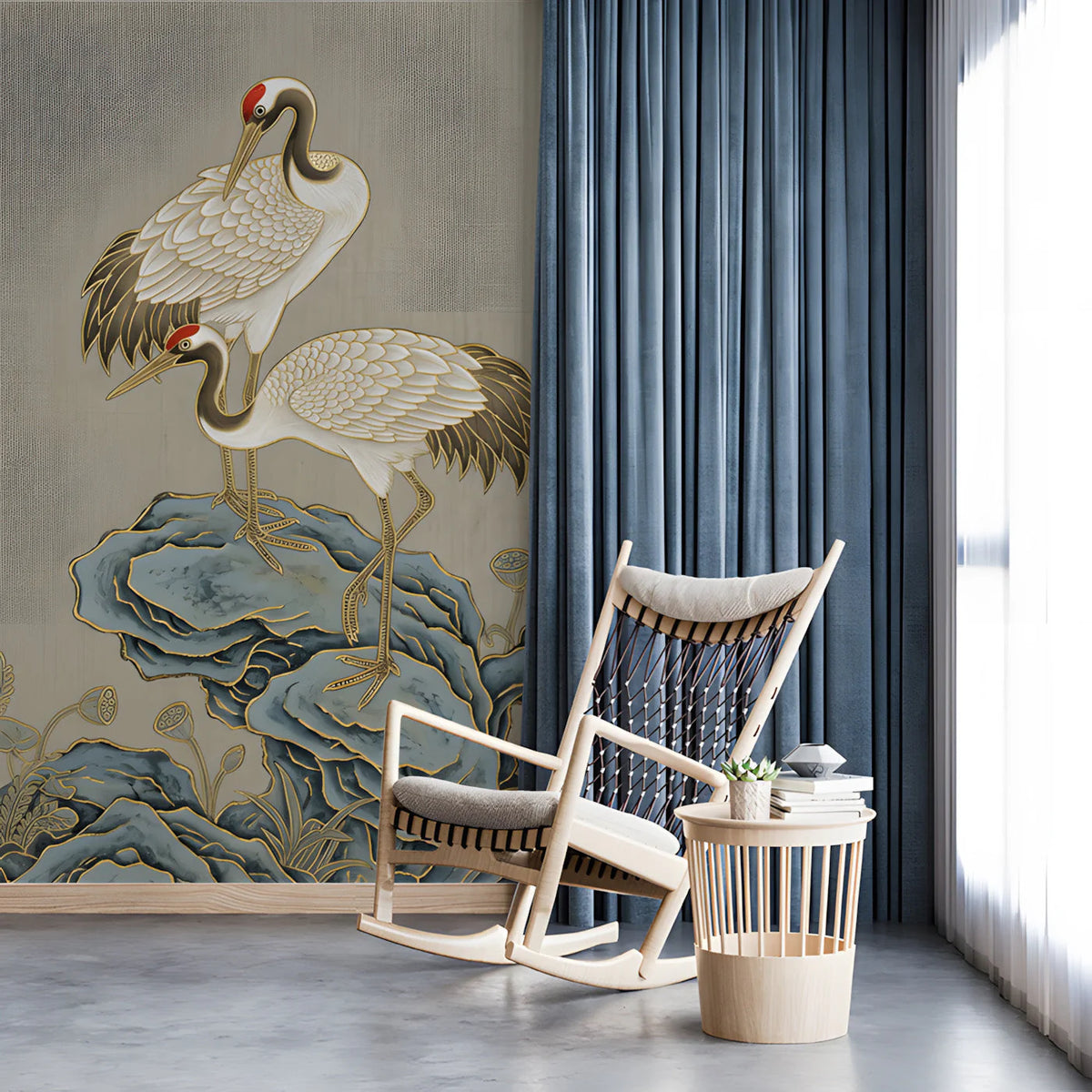 Crane and Rock Motif Mural Wallpaper in Neutral Linen Tones Mural Wallpaper - pure wallpaper artwork