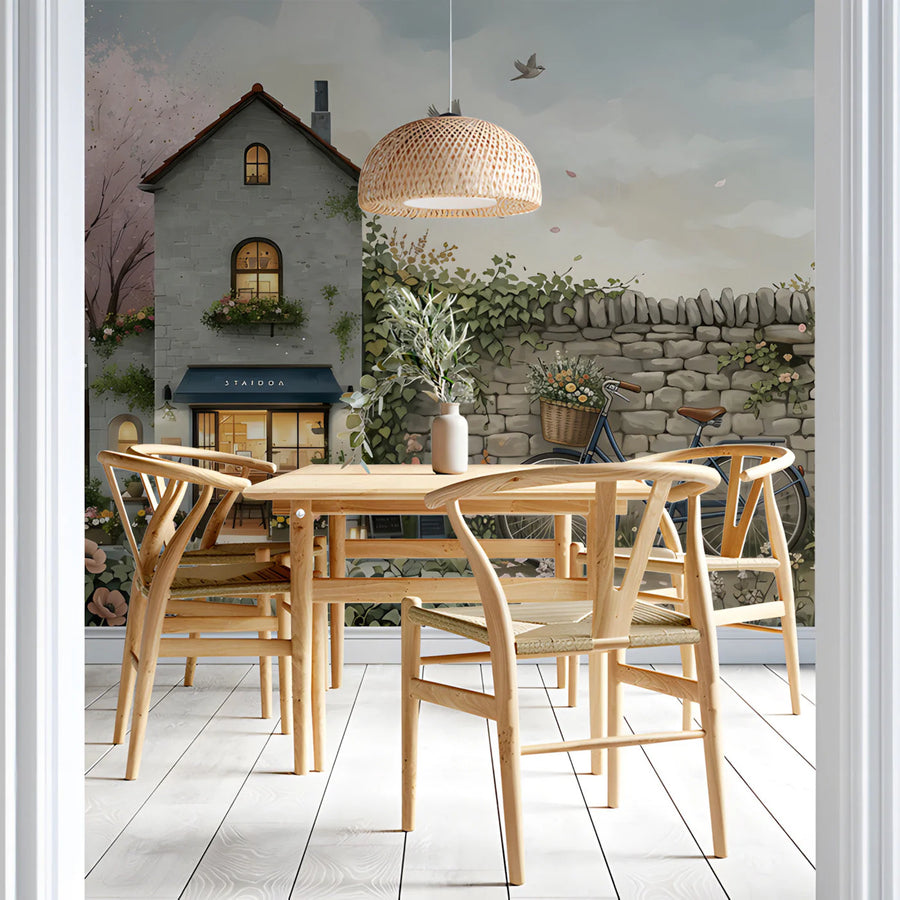 Coastal Cottage Bicycle Mural Wallpaper — Whimsical Spring Garden Mural Wallpaper