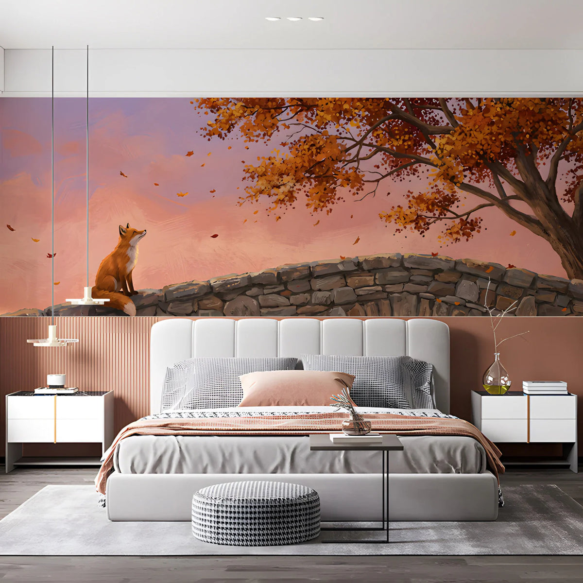 Autumn Fox and Stone Bridge Mural Wallpaper — Artistic Landscape Mural Wallpaper - pure wallpaper artwork