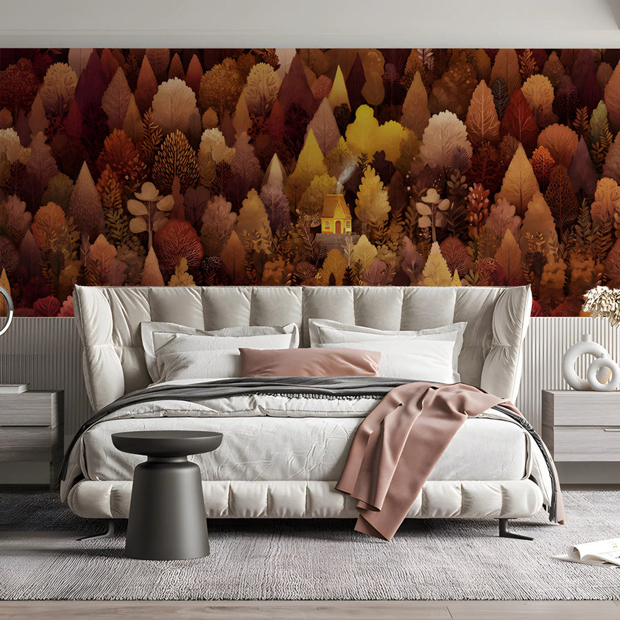 Autumn Woodland Cabin Mural Wallpaper — Cozy Forest Scene Mural Wallpaper
