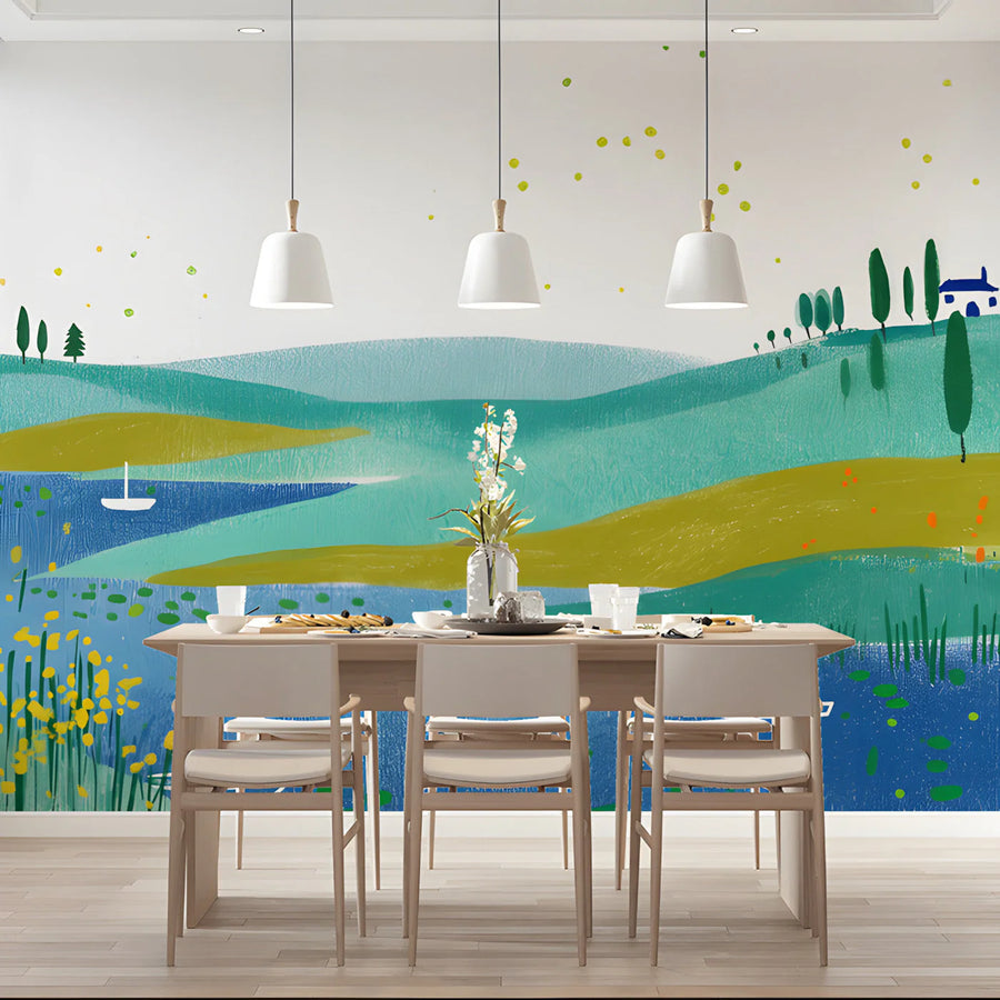 Coastal Lake Landscape Mural Wallpaper — Artistic Painted Scene Mural Wallpaper