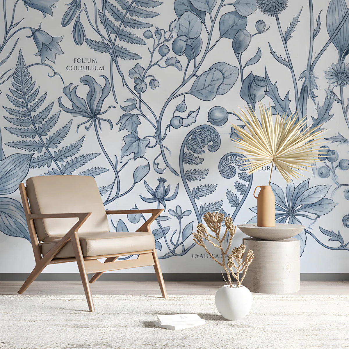 Botanical Study Mural Wallpaper in Classic Monochrome Blue Mural Wallpaper - pure wallpaper artwork