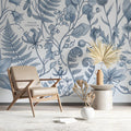 Botanical Study Mural Wallpaper in Classic Monochrome Blue Mural Wallpaper - pure wallpaper artwork