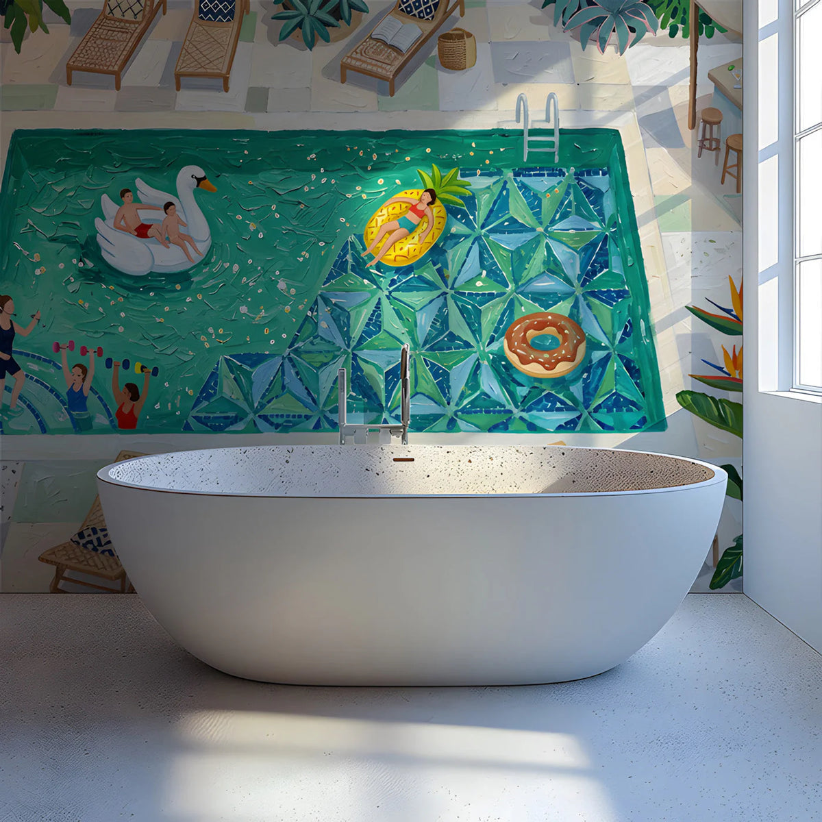 Summer Poolside Mural Wallpaper — Leisurely Artistic Design Mural Wallpaper - pure wallpaper artwork