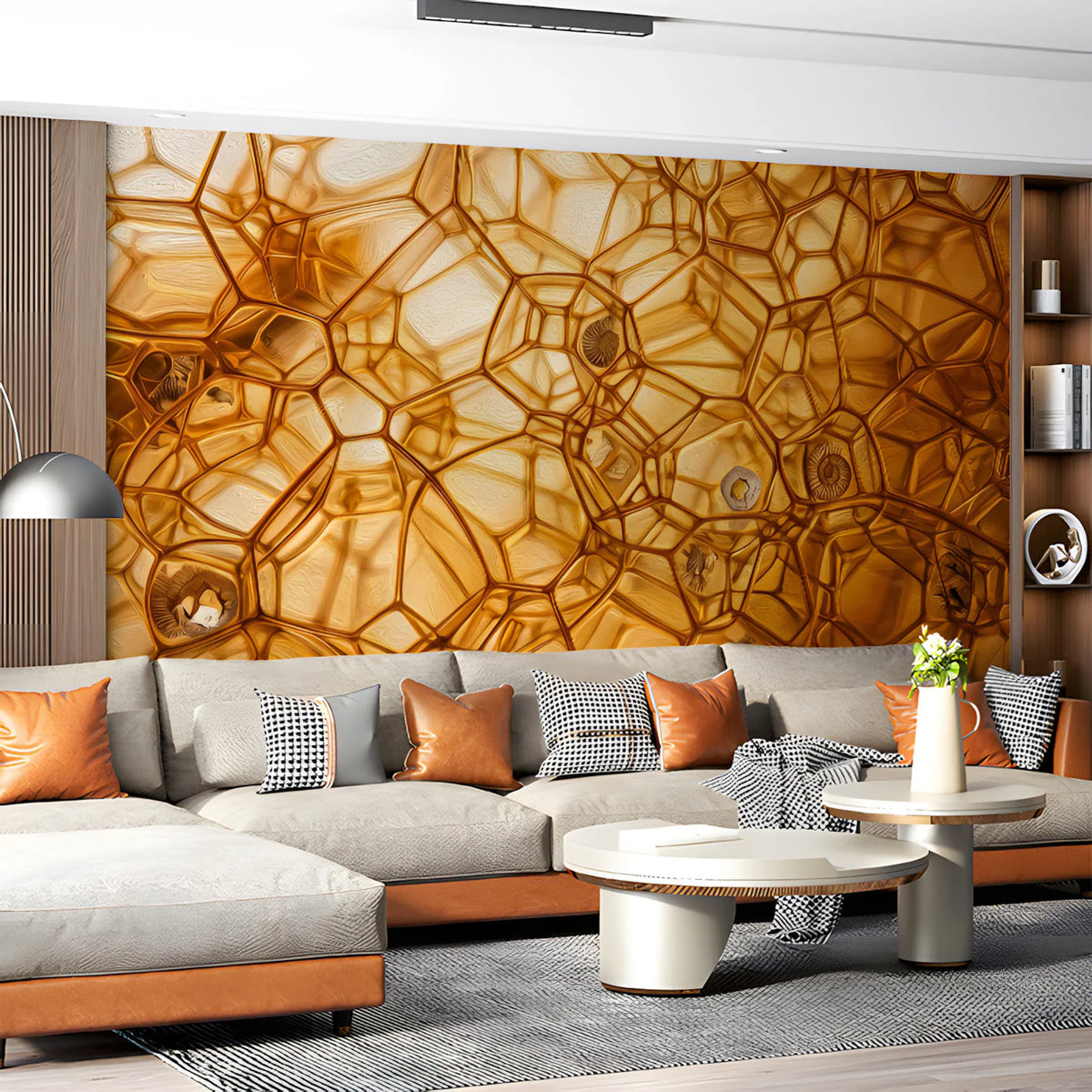 Amber Cell Geometry Mural Wallpaper — Organic Abstract Design Mural Wallpaper - pure wallpaper artwork