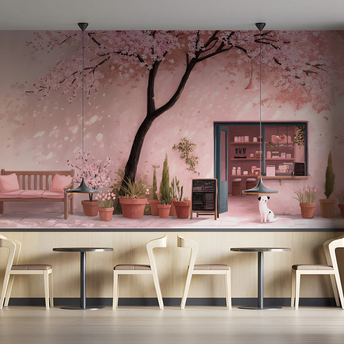 Sakura Café Mural Wallpaper — Whimsical Soft Pink Landscape Mural Wallpaper - pure wallpaper artwork