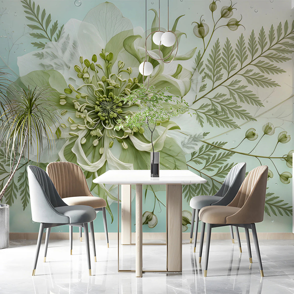 Ethereal Botanical Fern Mural Wallpaper with Soft Mint Accents Mural Wallpaper - pure wallpaper artwork