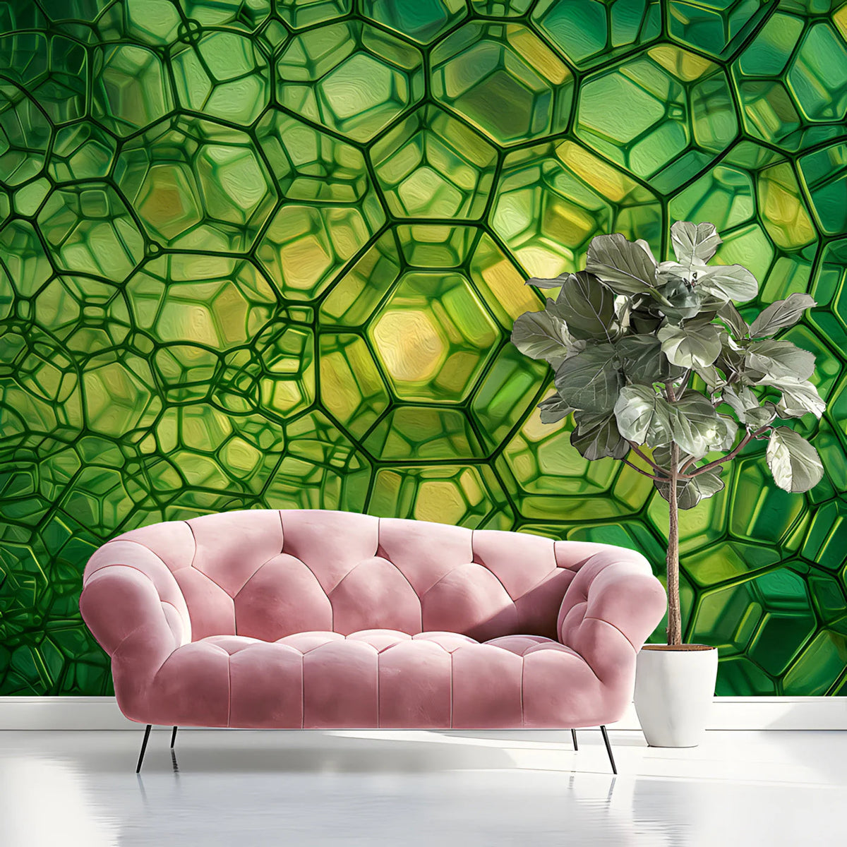 Emerald Cellular Grid Mural Wallpaper — Abstract Geometric Mural Wallpaper - pure wallpaper artwork