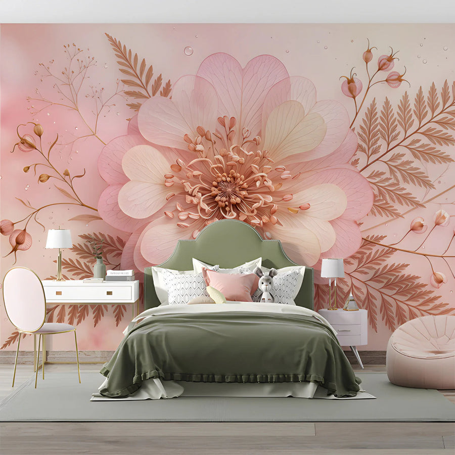Blush Botanical Heart Flower Mural Wallpaper — Soft Floral Art Mural Wallpaper
