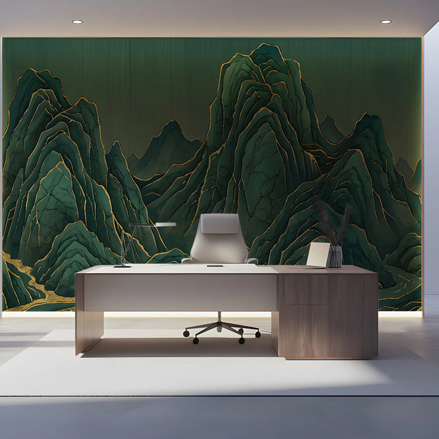Emerald Mountain Peaks Mural Wallpaper with Gilded Accents Mural Wallpaper