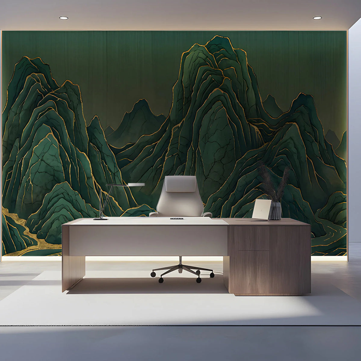 Emerald Mountain Peaks Mural Wallpaper with Gilded Accents Mural Wallpaper - pure wallpaper artwork