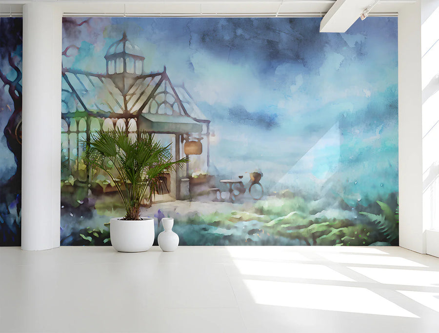 Watercolor Greenhouse Mural Wallpaper in Dreamy Blue Mural Wallpaper