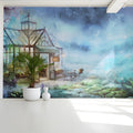 Watercolor Greenhouse Mural Wallpaper in Dreamy Blue Mural Wallpaper - pure wallpaper artwork