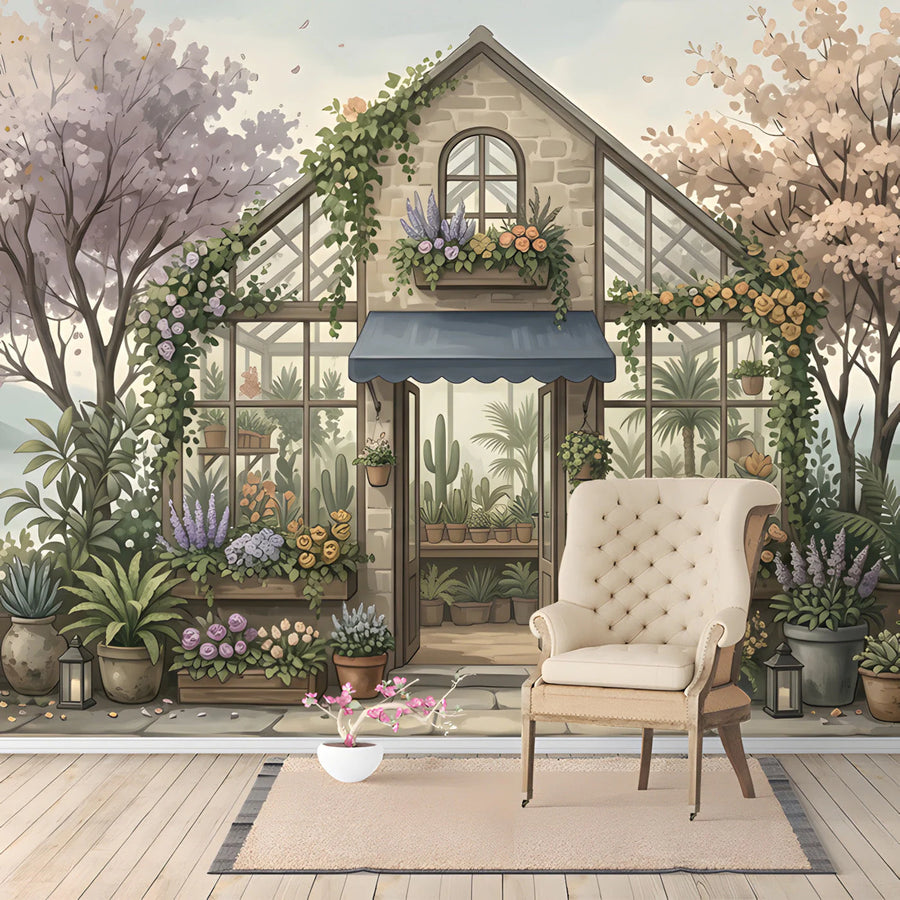 Greenhouse Garden Mural Wallpaper — Whimsical Floral Scene Mural Wallpaper