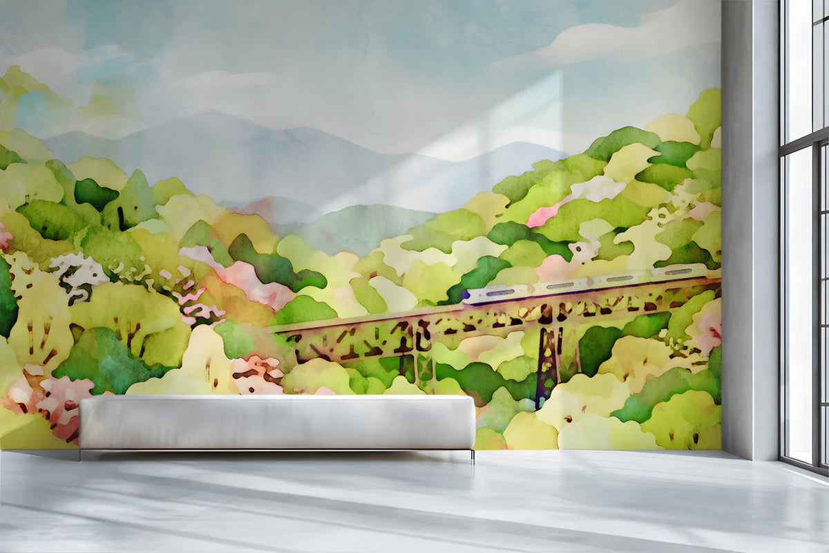Watercolor Train Trestle Landscape Mural Wallpaper - pure wallpaper artwork