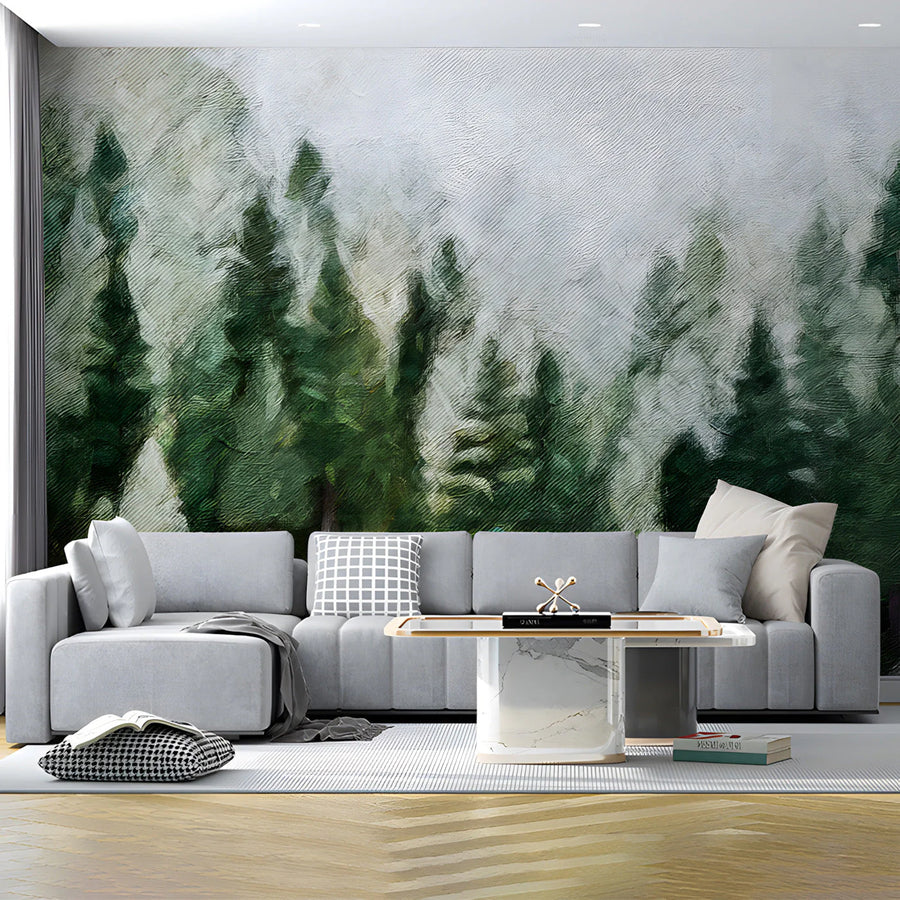 Misty Pine Forest Oil Painting Mural Wallpaper