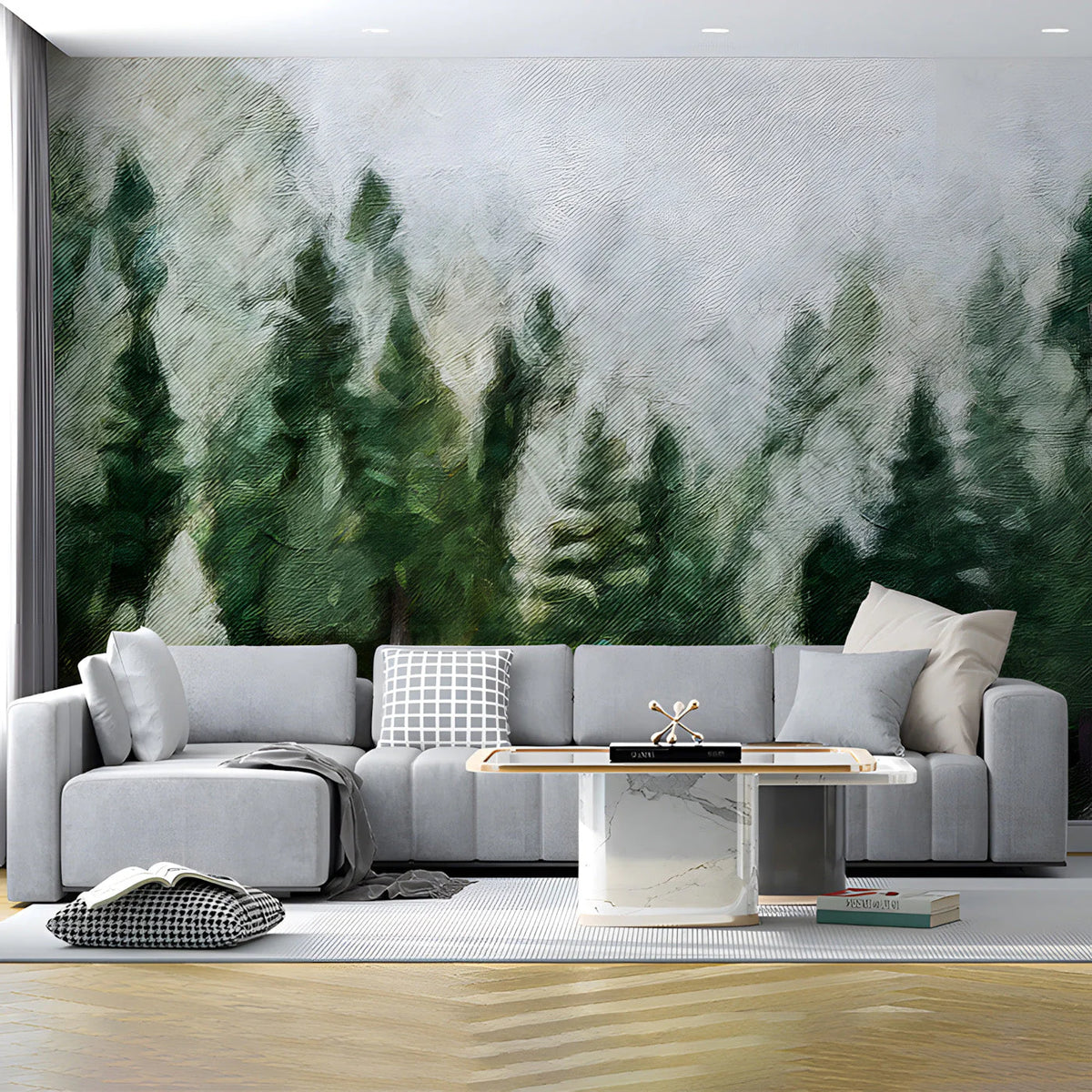 Misty Pine Forest Oil Painting Mural Wallpaper - pure wallpaper artwork