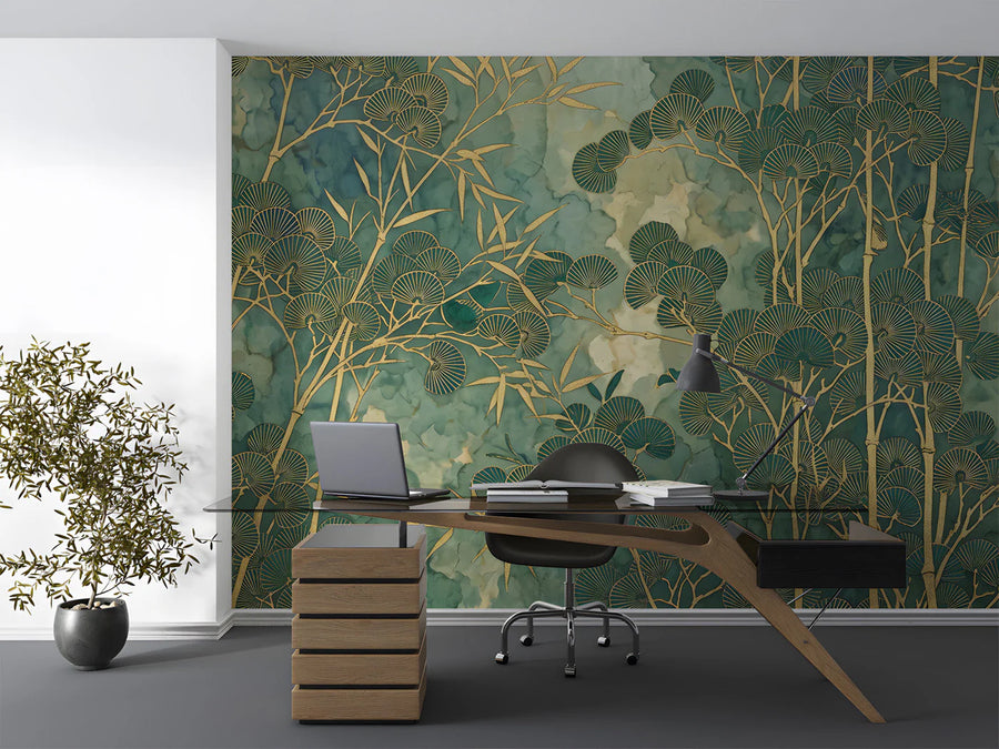 Gilded Bamboo Ink Wash Mural Wallpaper in Emerald Green Mural Wallpaper