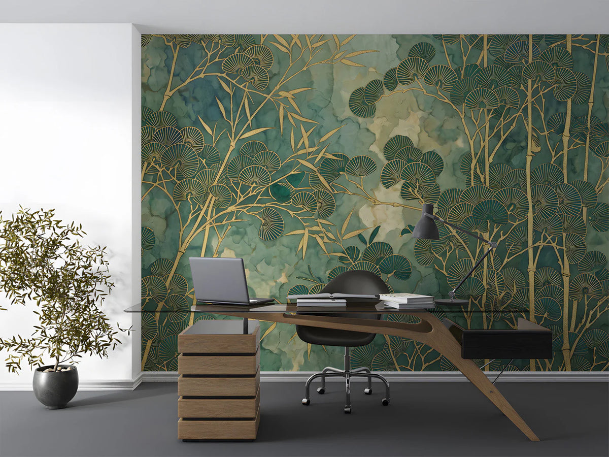 Gilded Bamboo Ink Wash Mural Wallpaper in Emerald Green Mural Wallpaper - pure wallpaper artwork