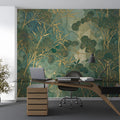Gilded Bamboo Ink Wash Mural Wallpaper in Emerald Green Mural Wallpaper - pure wallpaper artwork