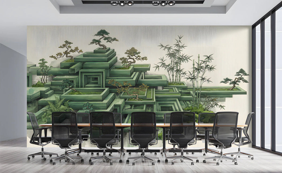 Zen Terrace Geometric Mural Wallpaper with Bonsai and Bamboo Mural Wallpaper - pure wallpaper artwork