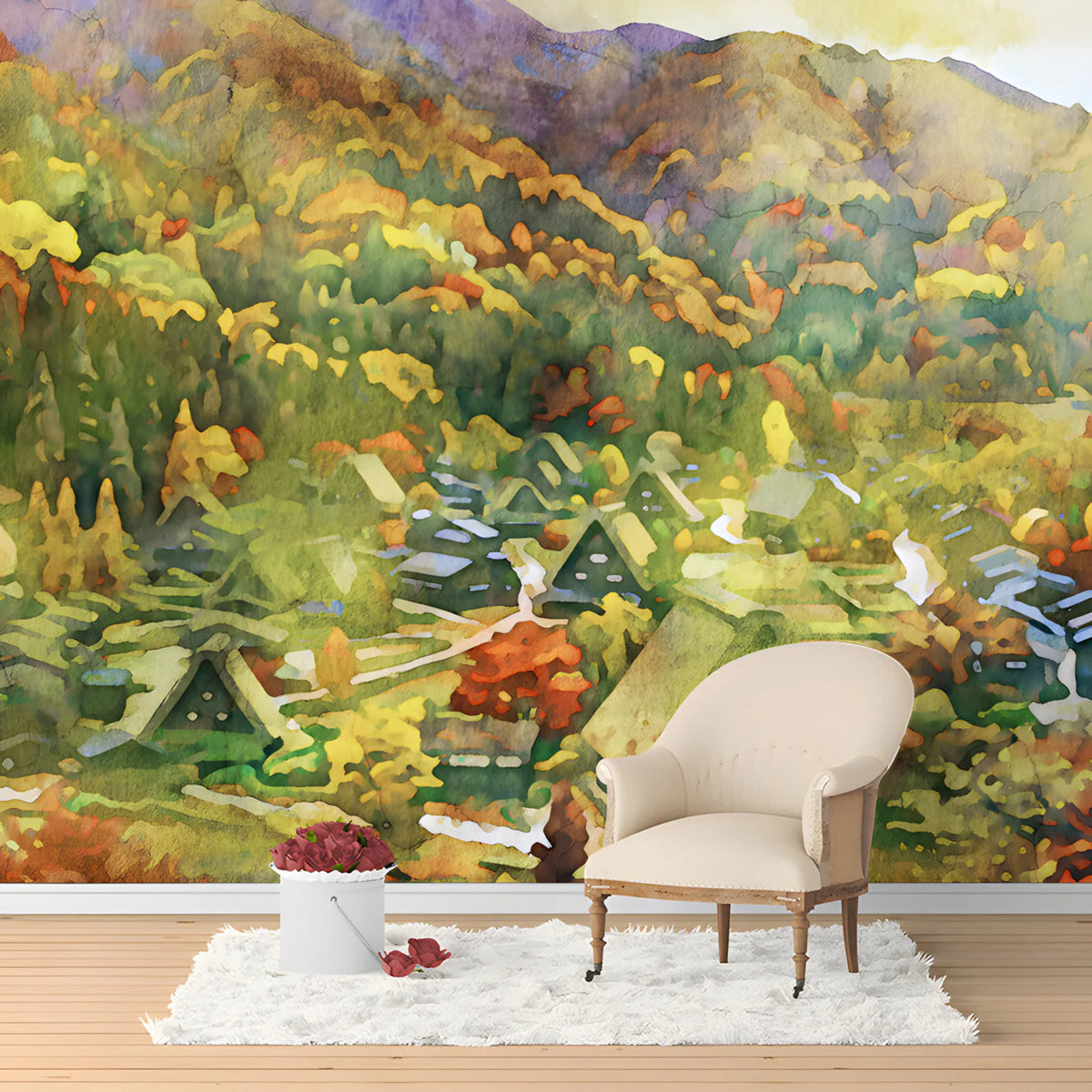 Autumnal Mountain Village Watercolor Mural Wallpaper - pure wallpaper artwork
