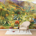 Autumnal Mountain Village Watercolor Mural Wallpaper - pure wallpaper artwork
