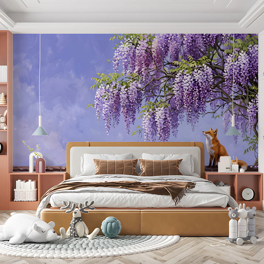 Wisteria Garden Fox Mural Wallpaper — Impressionistic Wall Art Mural Wallpaper