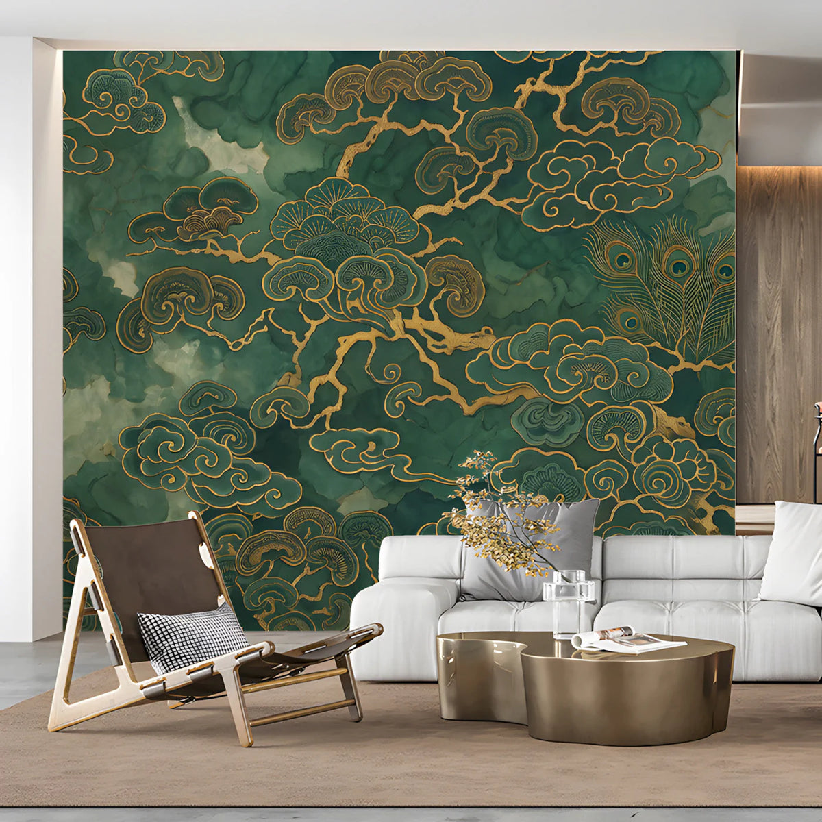 Gilded Pine and Peacock Mural Wallpaper in Emerald Mural Wallpaper - pure wallpaper artwork
