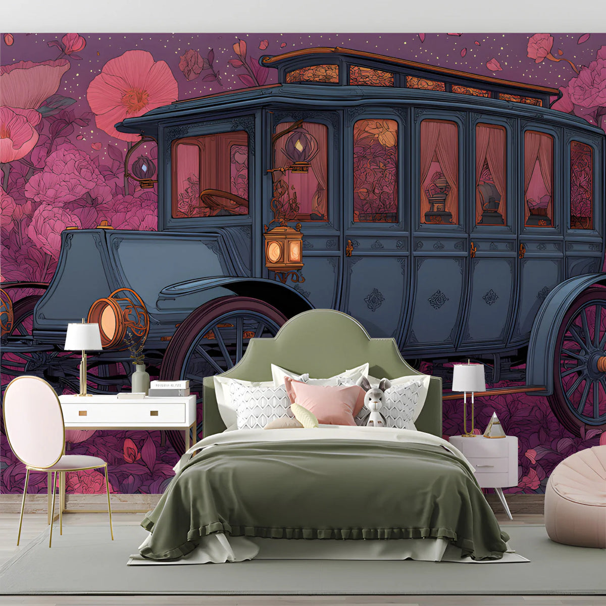 Vintage Carriage Floral Mural Wallpaper — Whimsical Garden Design Mural Wallpaper - pure wallpaper artwork