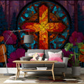 Stained Glass Cross Mural Wallpaper — Vibrant Artistic Motif Mural Wallpaper - pure wallpaper artwork