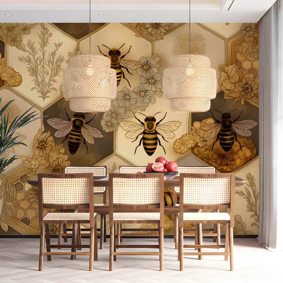 Honeybee Hive Mural Wallpaper — Botanical Hexagon Art Mural Wallpaper - pure wallpaper artwork