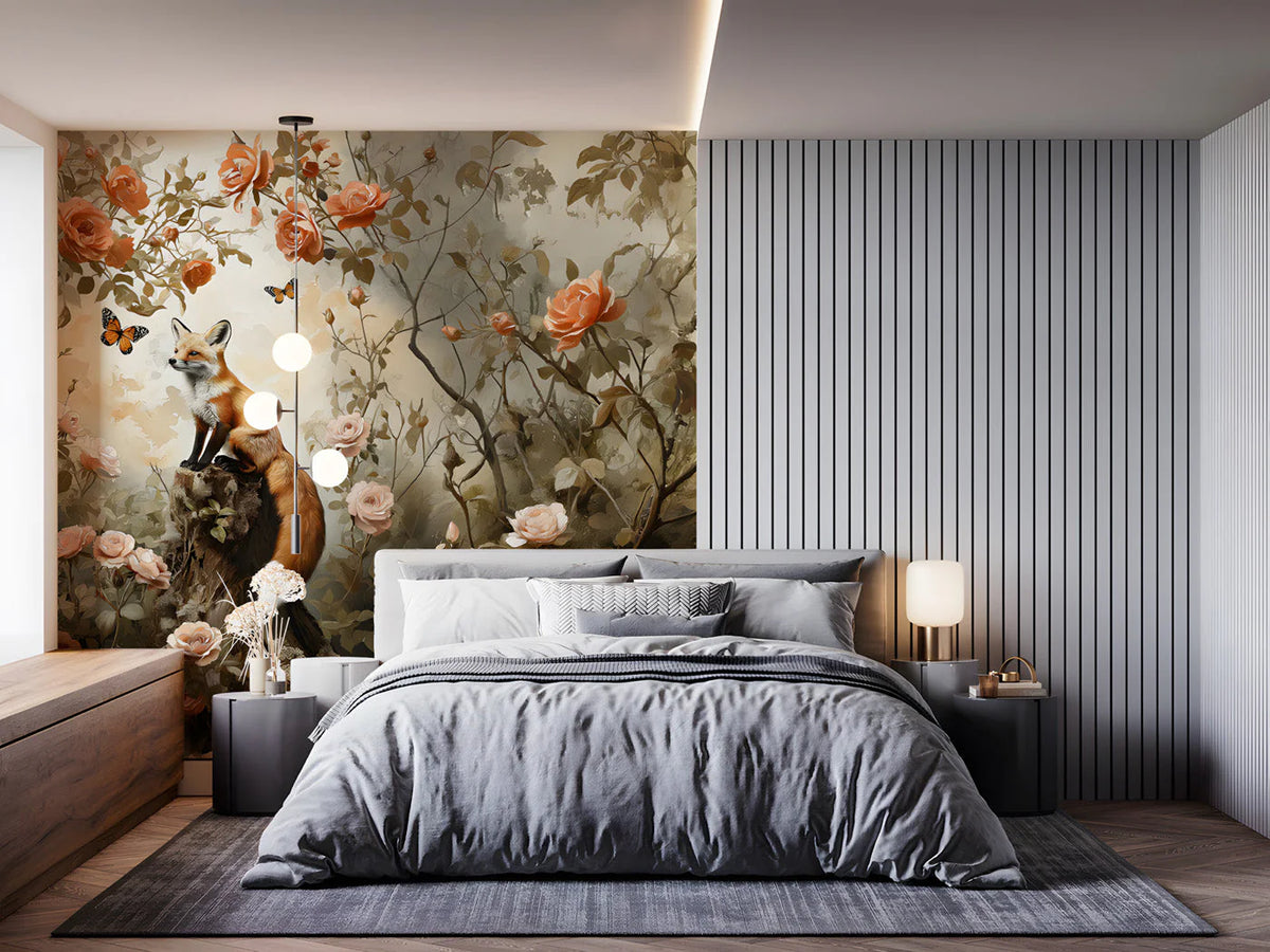 Fox and Rose Garden Mural Wallpaper — Whimsical Nature Scene Mural Wallpaper - pure wallpaper artwork