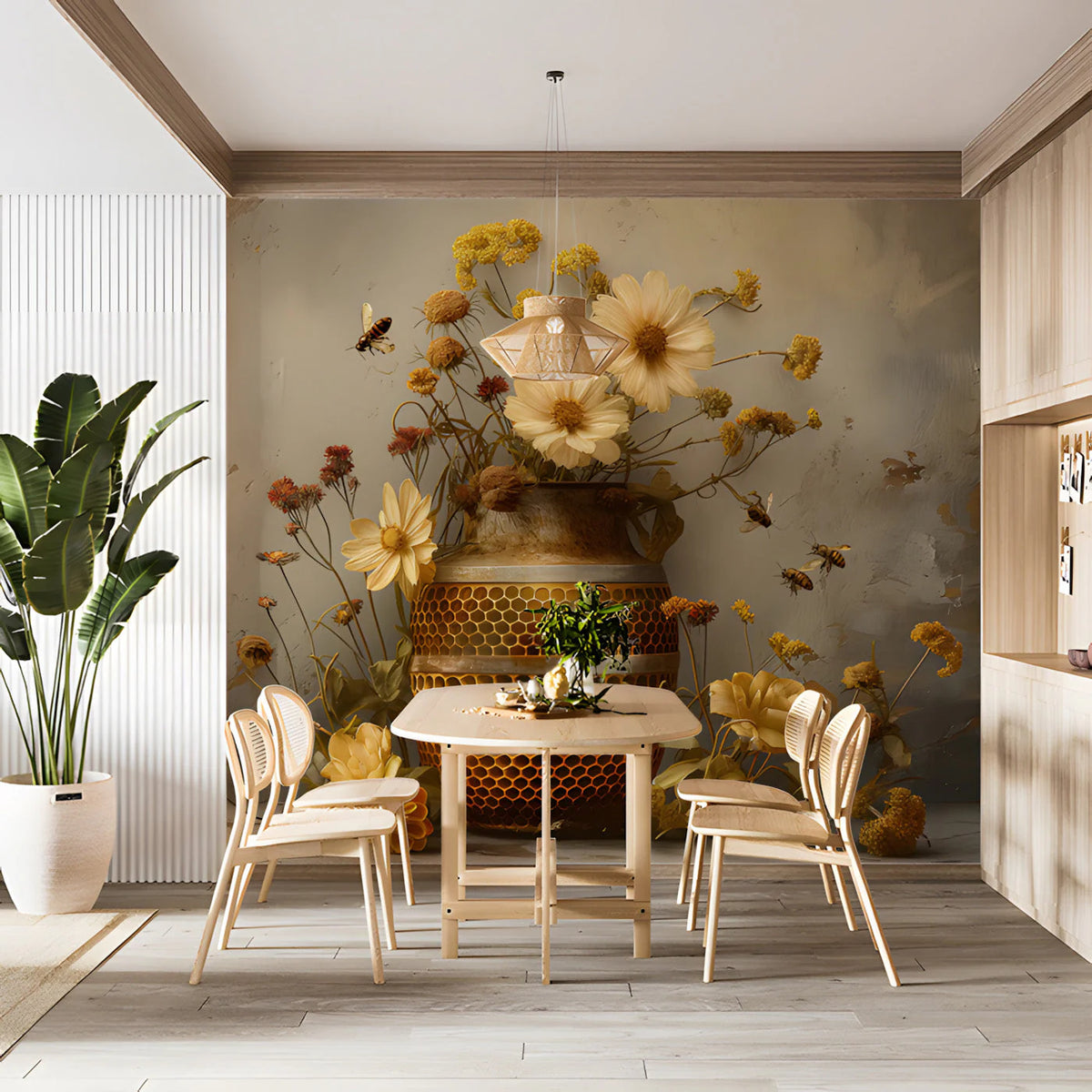 Honeybee and Wildflower Mural Wallpaper — Botanical Art Mural Wallpaper - pure wallpaper artwork