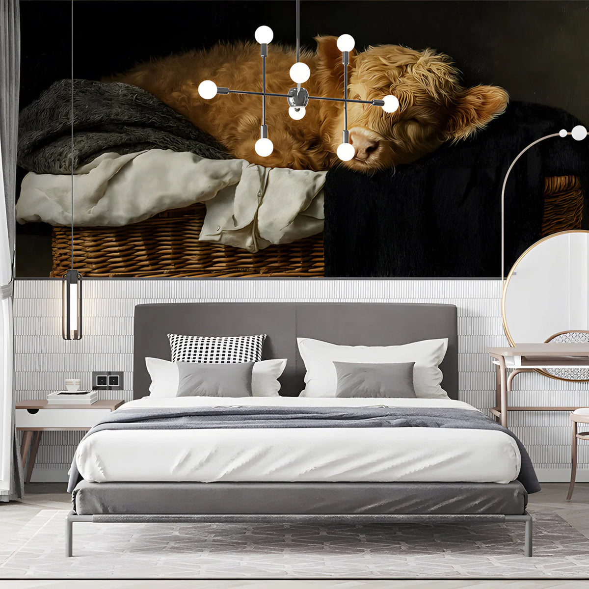 Sleeping Highland Calf Mural Wallpaper —Artistic Farmhouse Decor Mural Wallpaper - pure wallpaper artwork