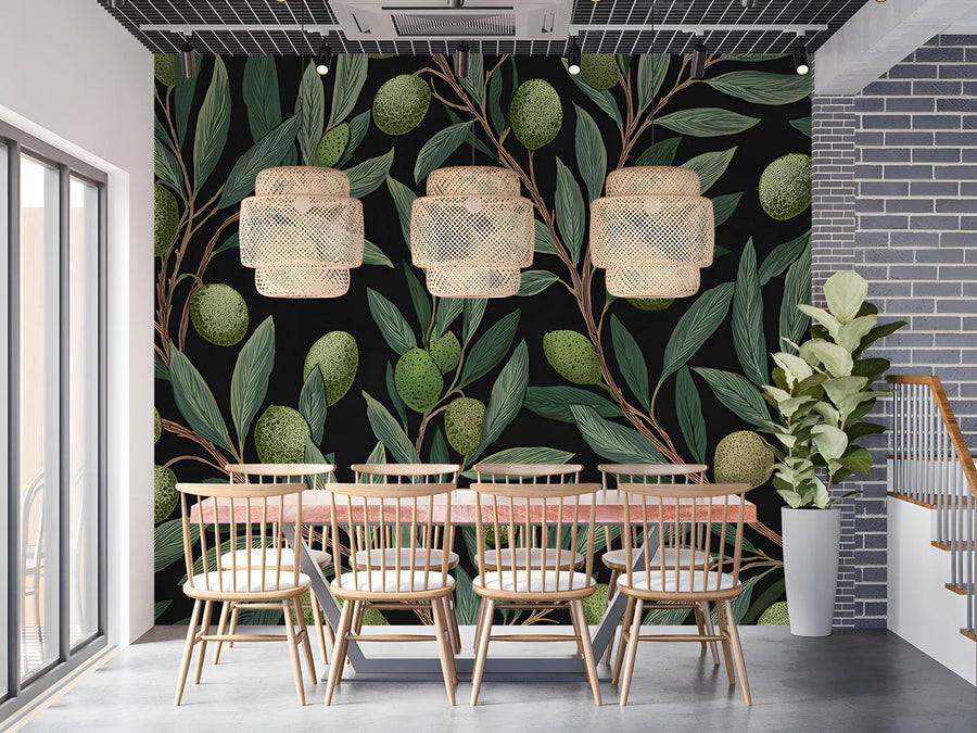 Olive Branch Botanical Mural Wallpaper — Dark Arts and Crafts Style Mural Wallpaper