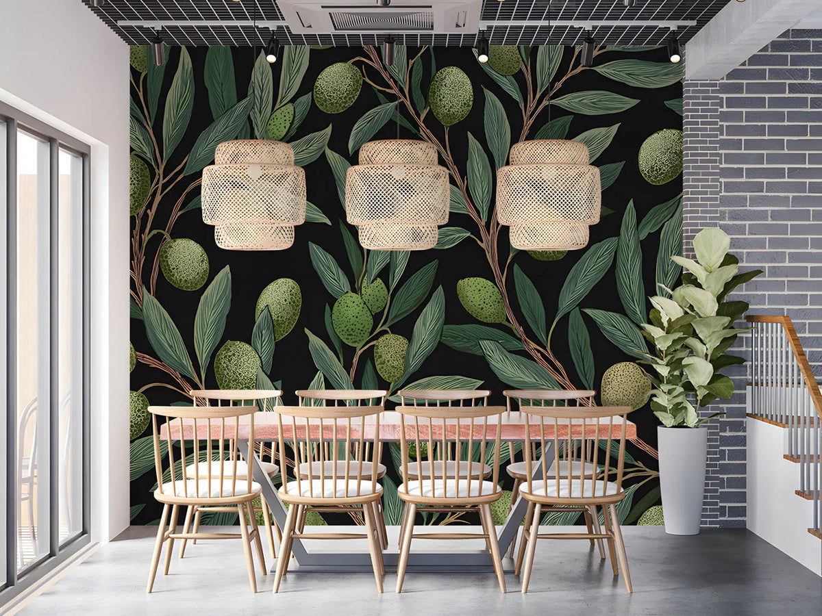 Olive Branch Botanical Mural Wallpaper — Dark Arts and Crafts Style Mural Wallpaper - pure wallpaper artwork