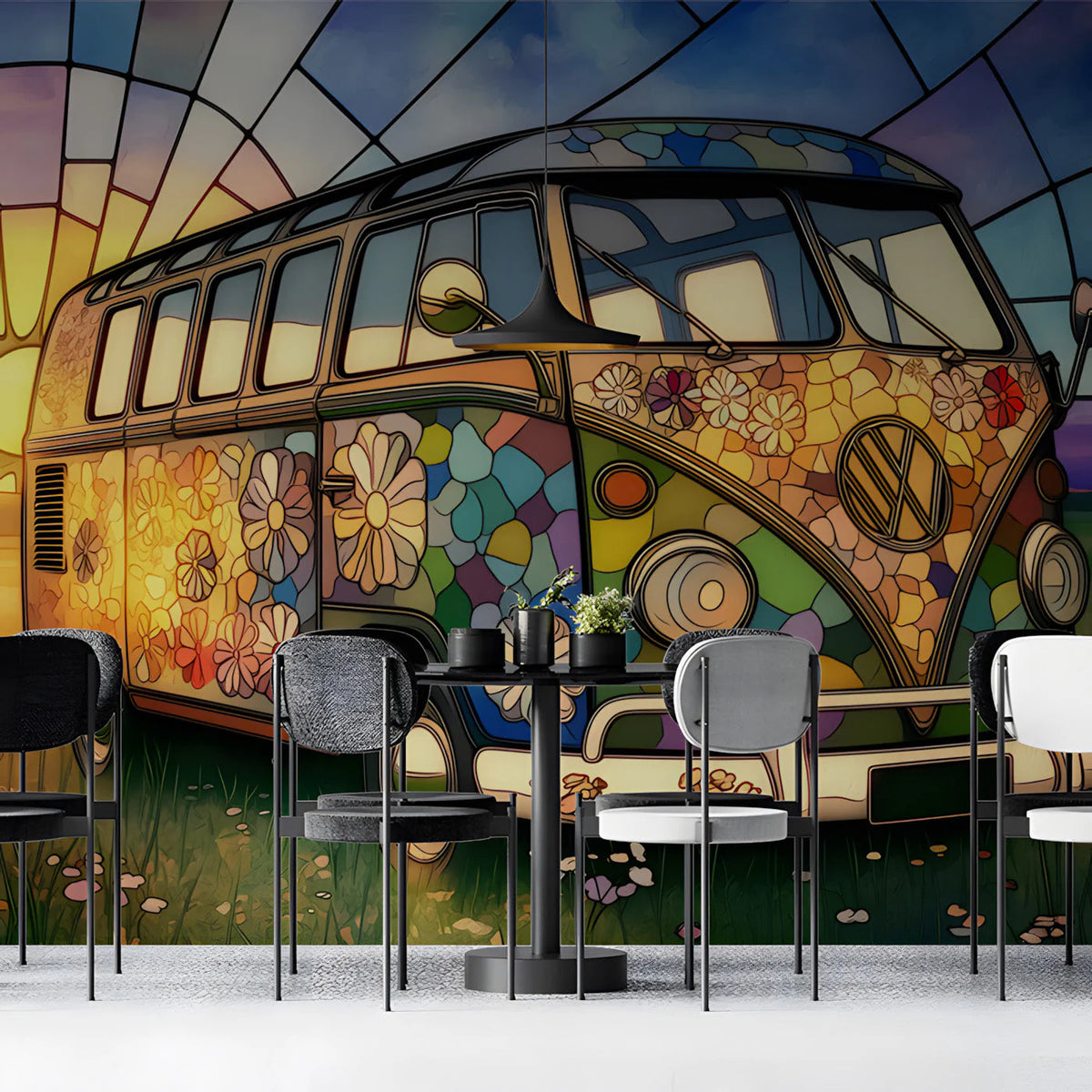 Stained Glass Vintage Van Mural Wallpaper — Whimsical Travel Scene Mural Wallpaper - pure wallpaper artwork