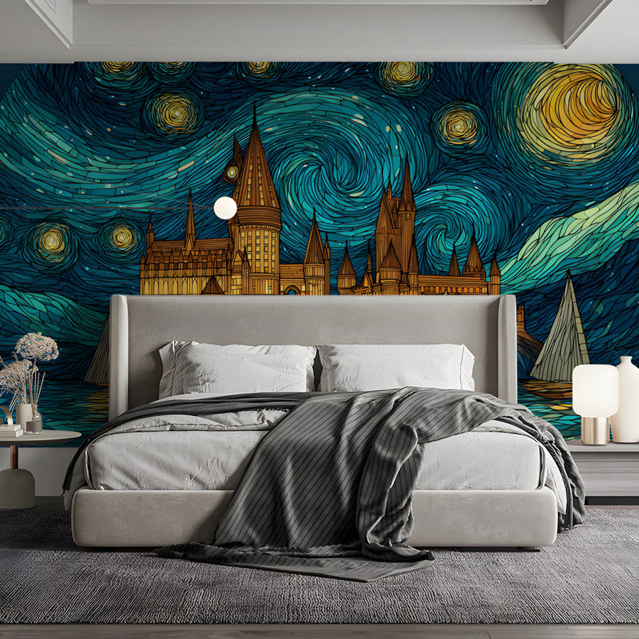 Starry Night Gothic Castle Mural Wallpaper for Magical Interiors Mural Wallpaper